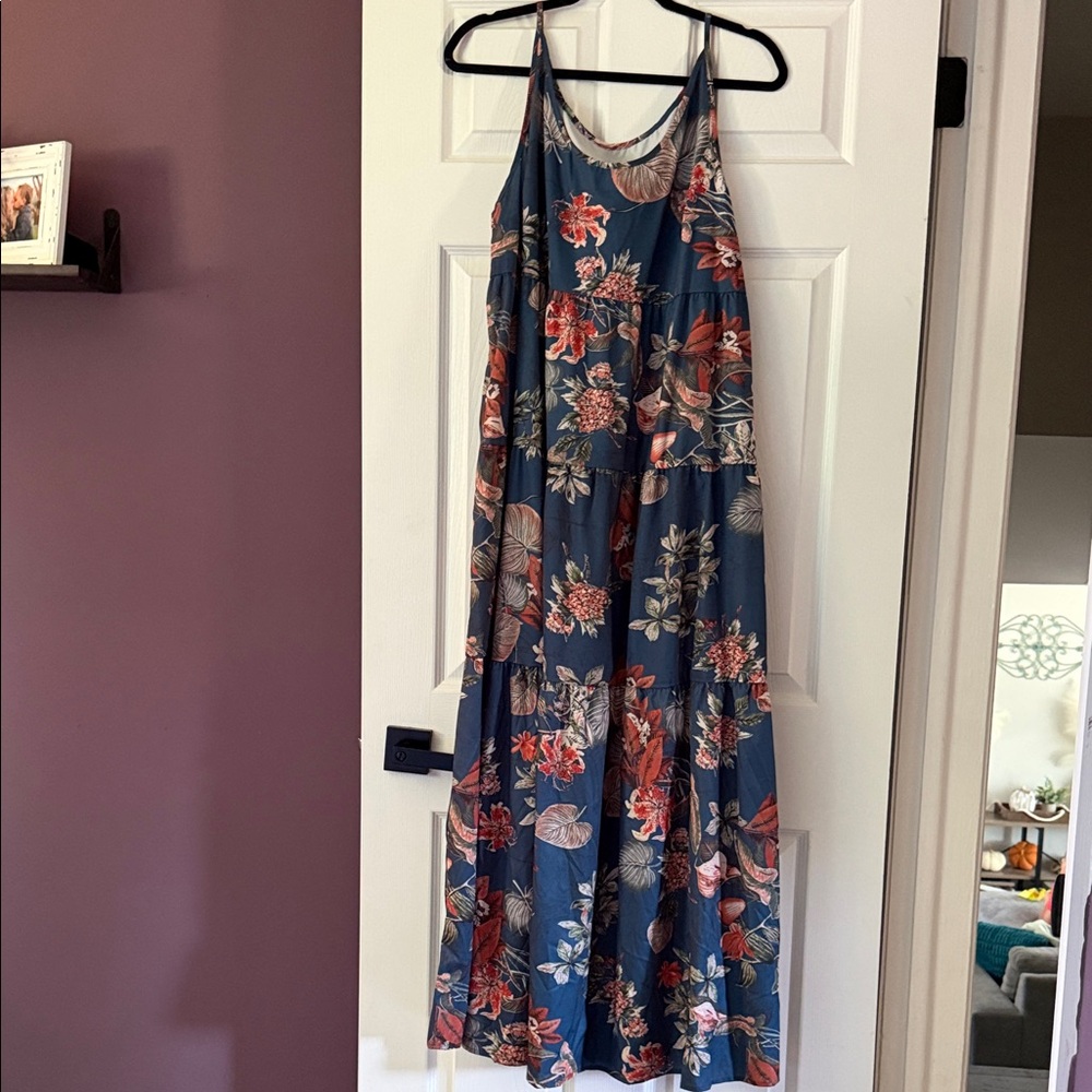 Floral Tiered Maxi Dress - Blue with Coral Floral